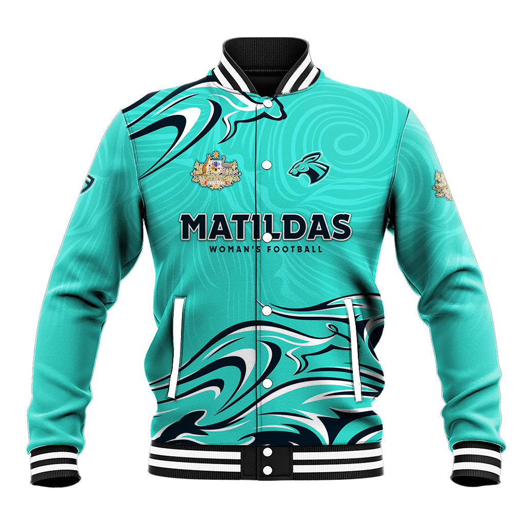 Personalised Australia Soccer Matildas Baseball Jacket Kangaroo Tornado Turquoise