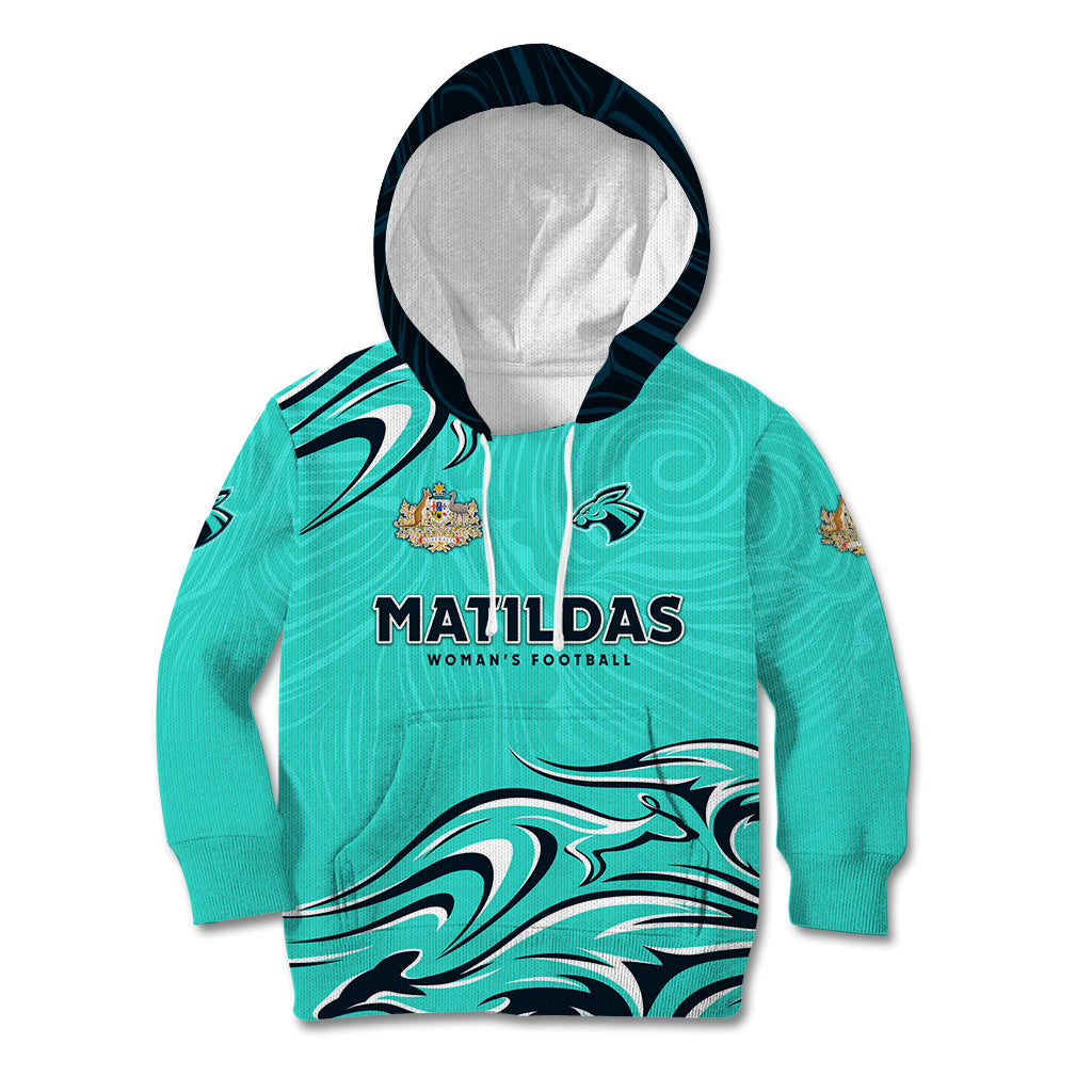 Personalised Australia Soccer Matildas Kid Hoodie Kangaroo Tornado Turquoise