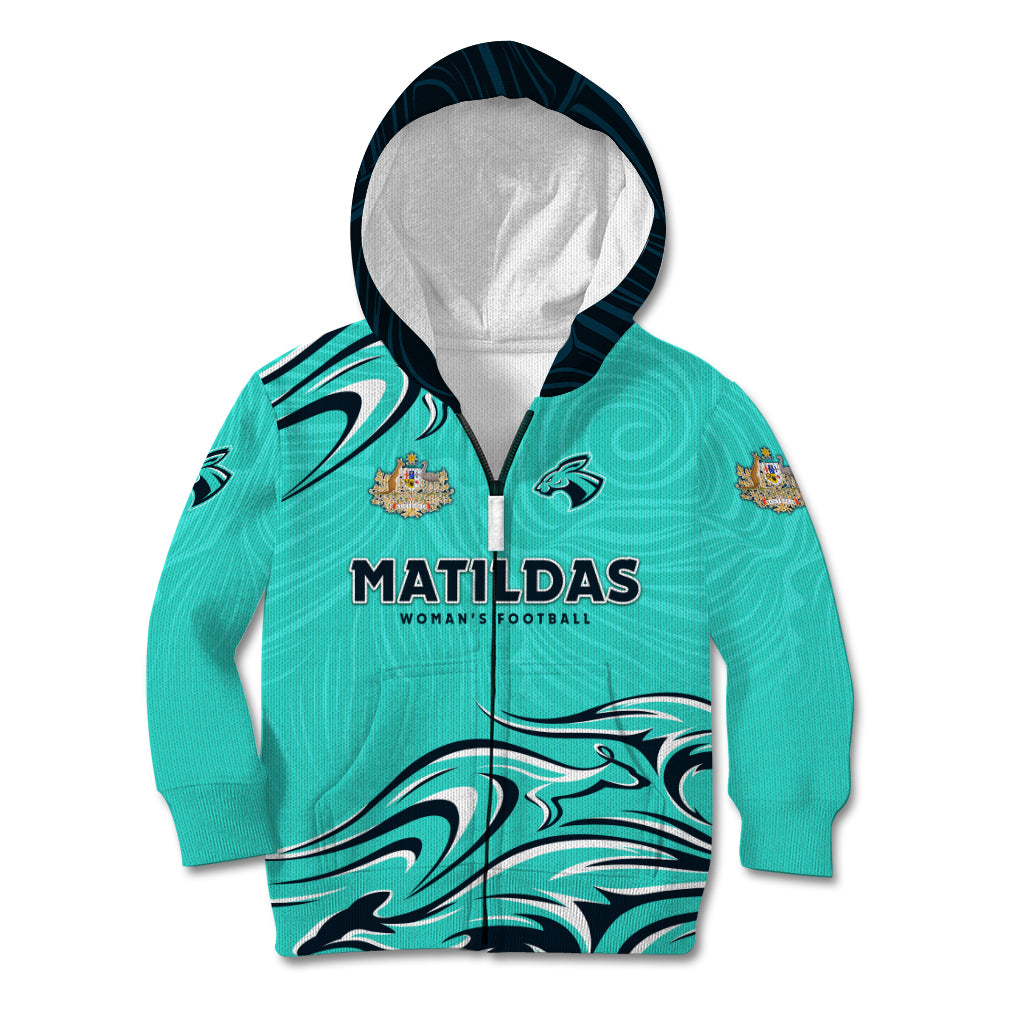 Personalised Australia Soccer Matildas Kid Hoodie Kangaroo Tornado Turquoise