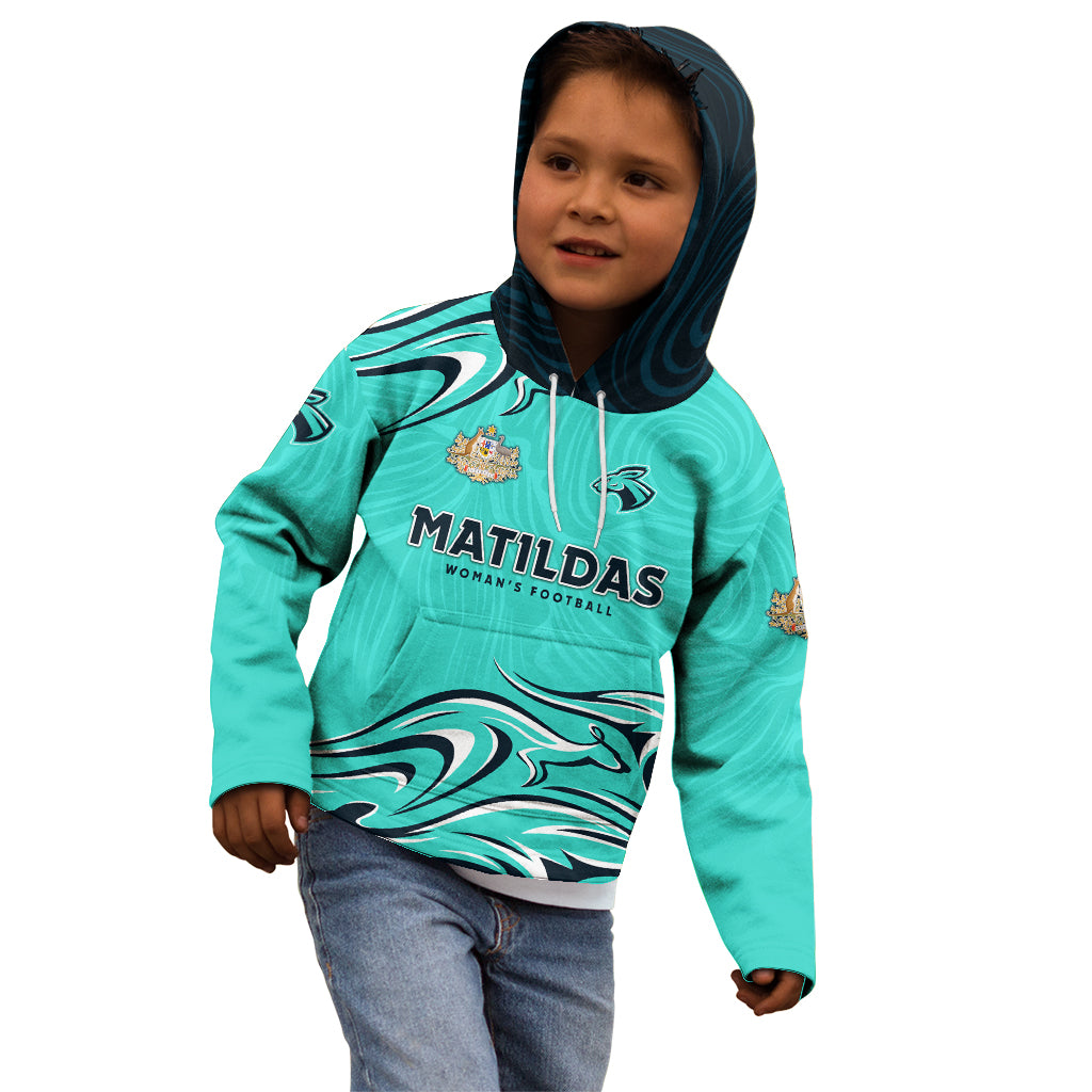 Personalised Australia Soccer Matildas Kid Hoodie Kangaroo Tornado Turquoise