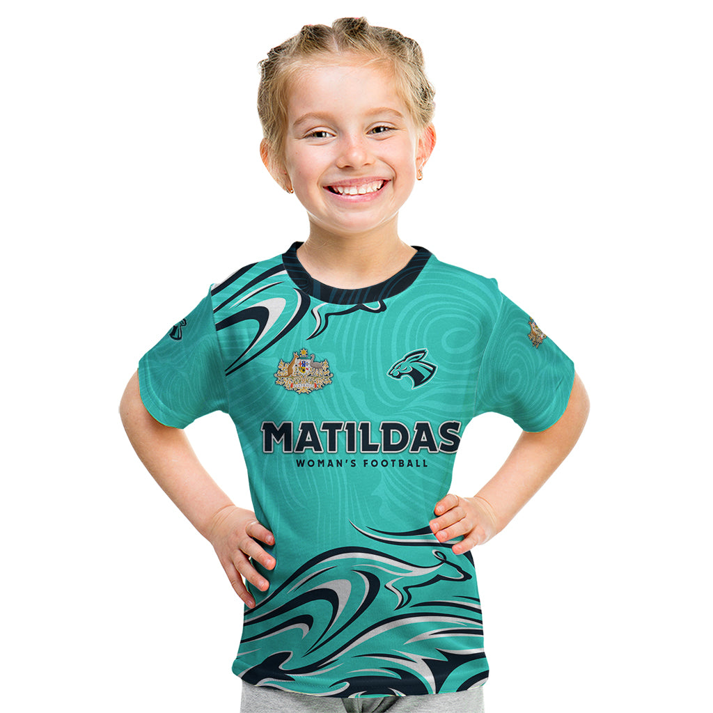 Personalised Australia Soccer Matildas Kid T Shirt Kangaroo Tornado Turquoise