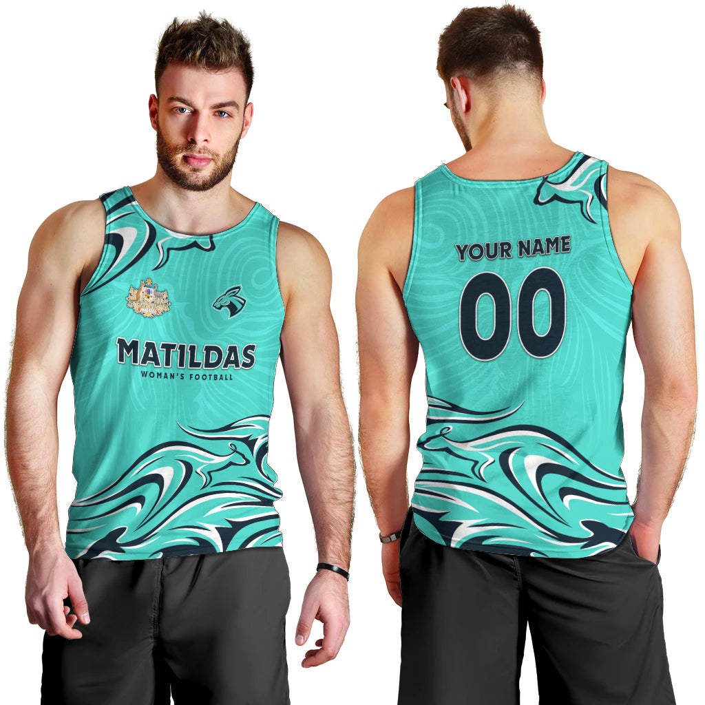 Personalised Australia Soccer Matildas Men Tank Top Kangaroo Tornado Turquoise