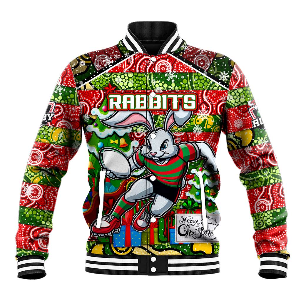 Custom Rabbitohs Rugby Merry Christmas Baseball Jacket Indigenous Australian Art