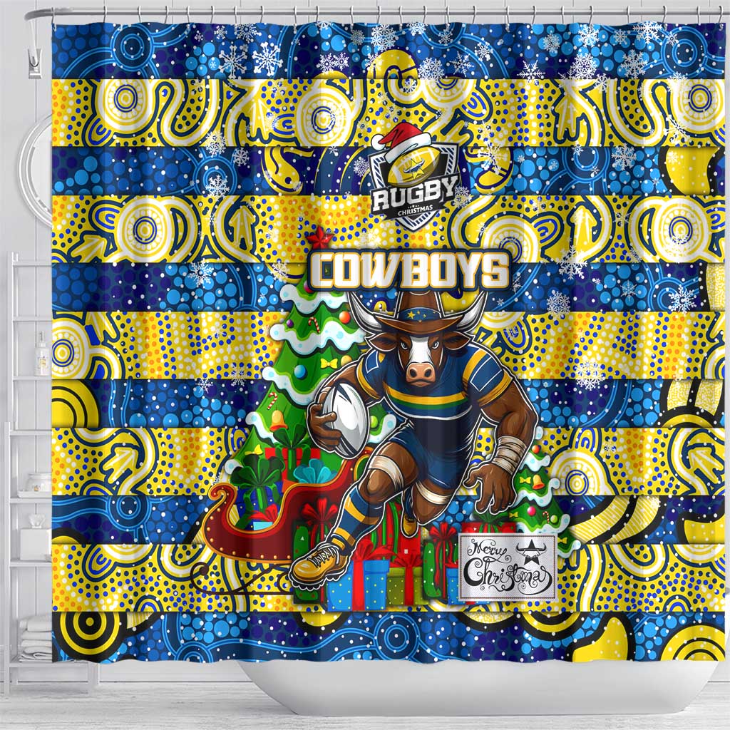 Cowboys Rugby Merry Christmas Shower Curtain Indigenous Australian Art