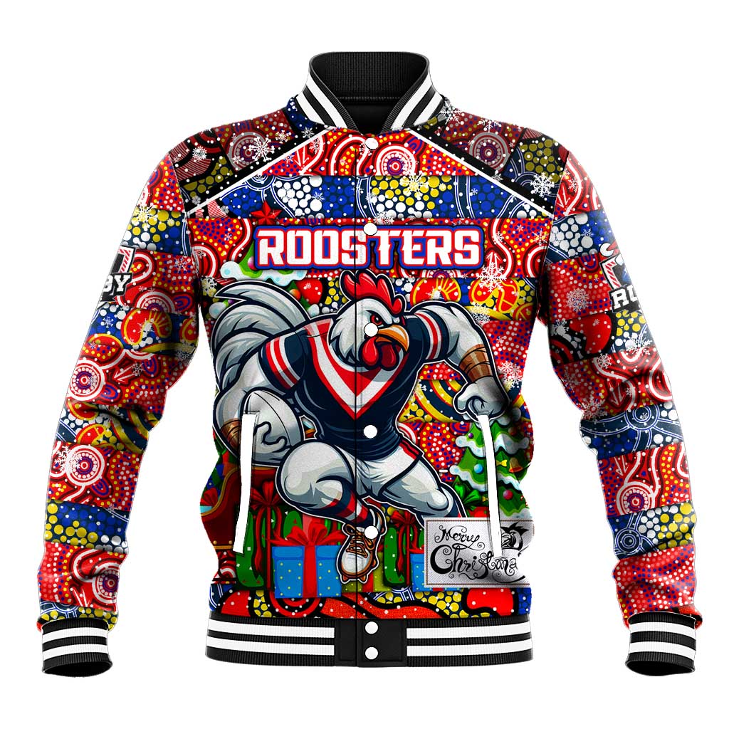 Custom Roosters Rugby Merry Christmas Baseball Jacket Indigenous Australian Art