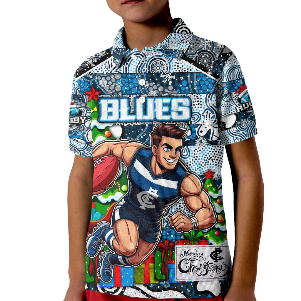 Custom Blues Rugby Merry Christmas Kid Polo Shirt Indigenous Australian Art