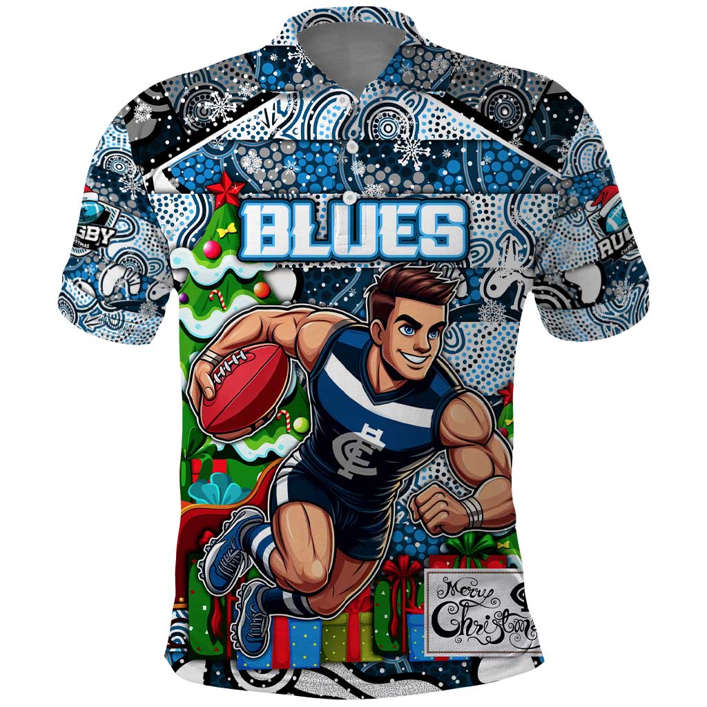 Custom Blues Rugby Merry Christmas Polo Shirt Indigenous Australian Art