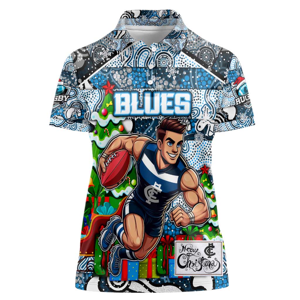 Custom Blues Rugby Merry Christmas Women Polo Shirt Indigenous Australian Art