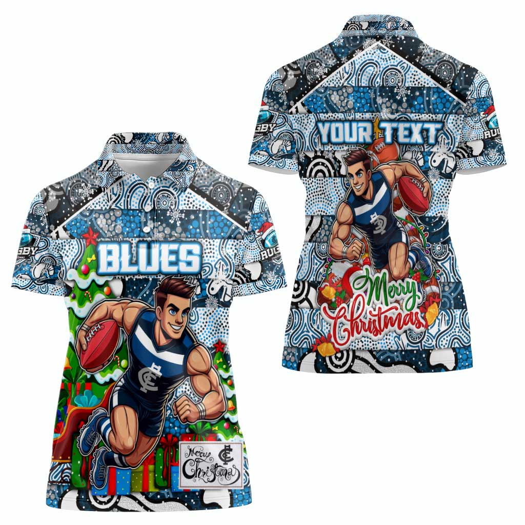 Custom Blues Rugby Merry Christmas Women Polo Shirt Indigenous Australian Art