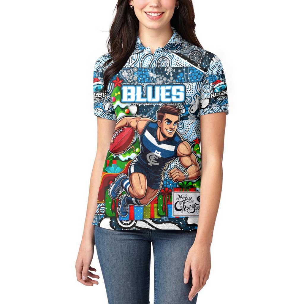 Custom Blues Rugby Merry Christmas Women Polo Shirt Indigenous Australian Art