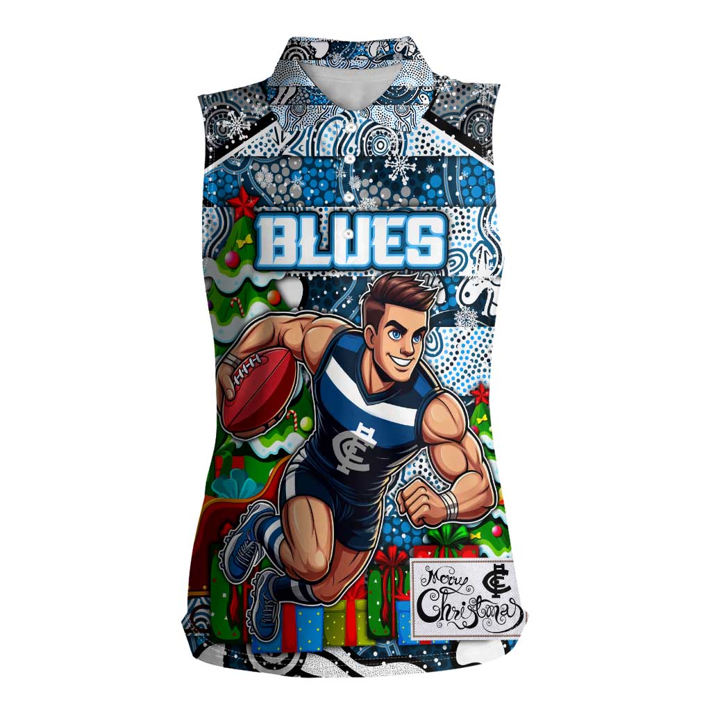 Custom Blues Rugby Merry Christmas Women Sleeveless Polo Shirt Indigenous Australian Art