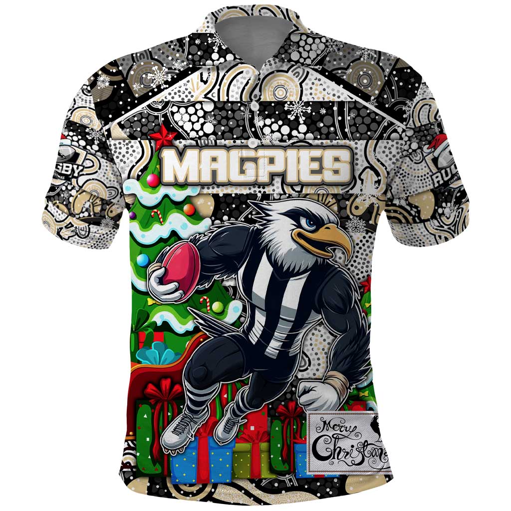 Custom Magpies Rugby Merry Christmas Polo Shirt Indigenous Australian Art