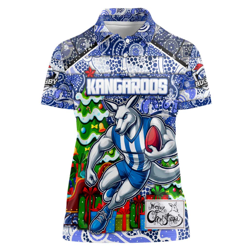 Custom Kangaroos Rugby Merry Christmas Women Polo Shirt Indigenous Australian Art