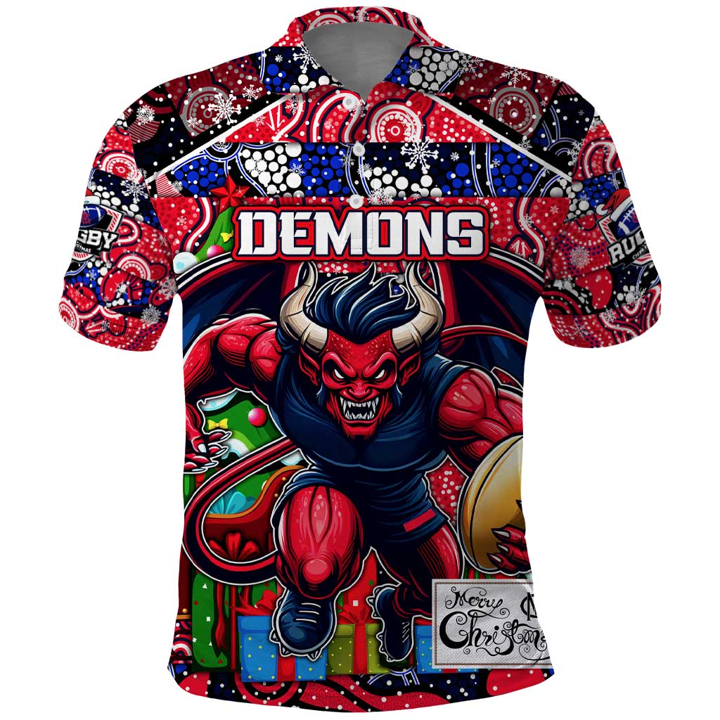 Custom Demons Rugby Merry Christmas Polo Shirt Indigenous Australian Art