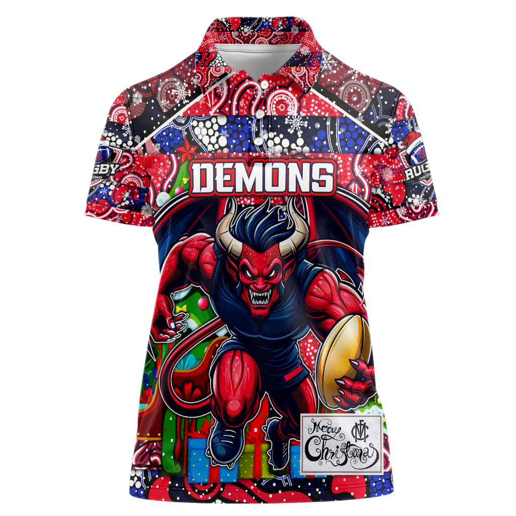 Custom Demons Rugby Merry Christmas Women Polo Shirt Indigenous Australian Art