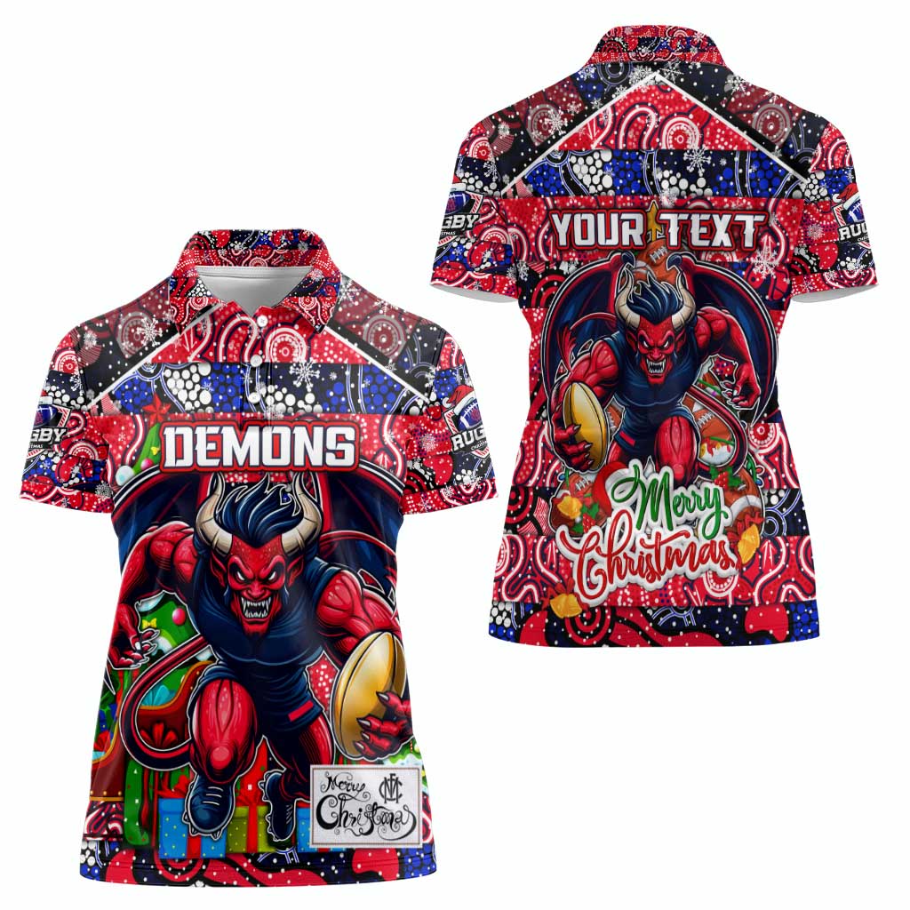 Custom Demons Rugby Merry Christmas Women Polo Shirt Indigenous Australian Art