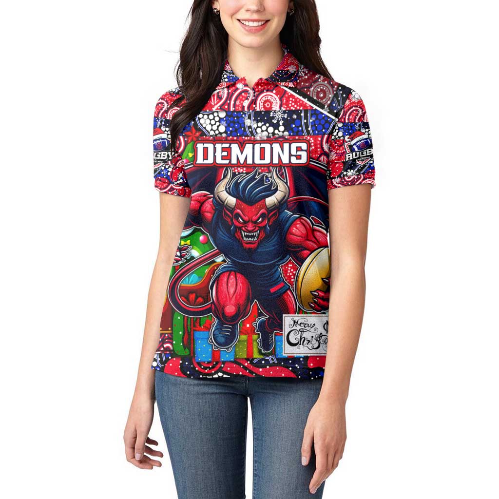 Custom Demons Rugby Merry Christmas Women Polo Shirt Indigenous Australian Art