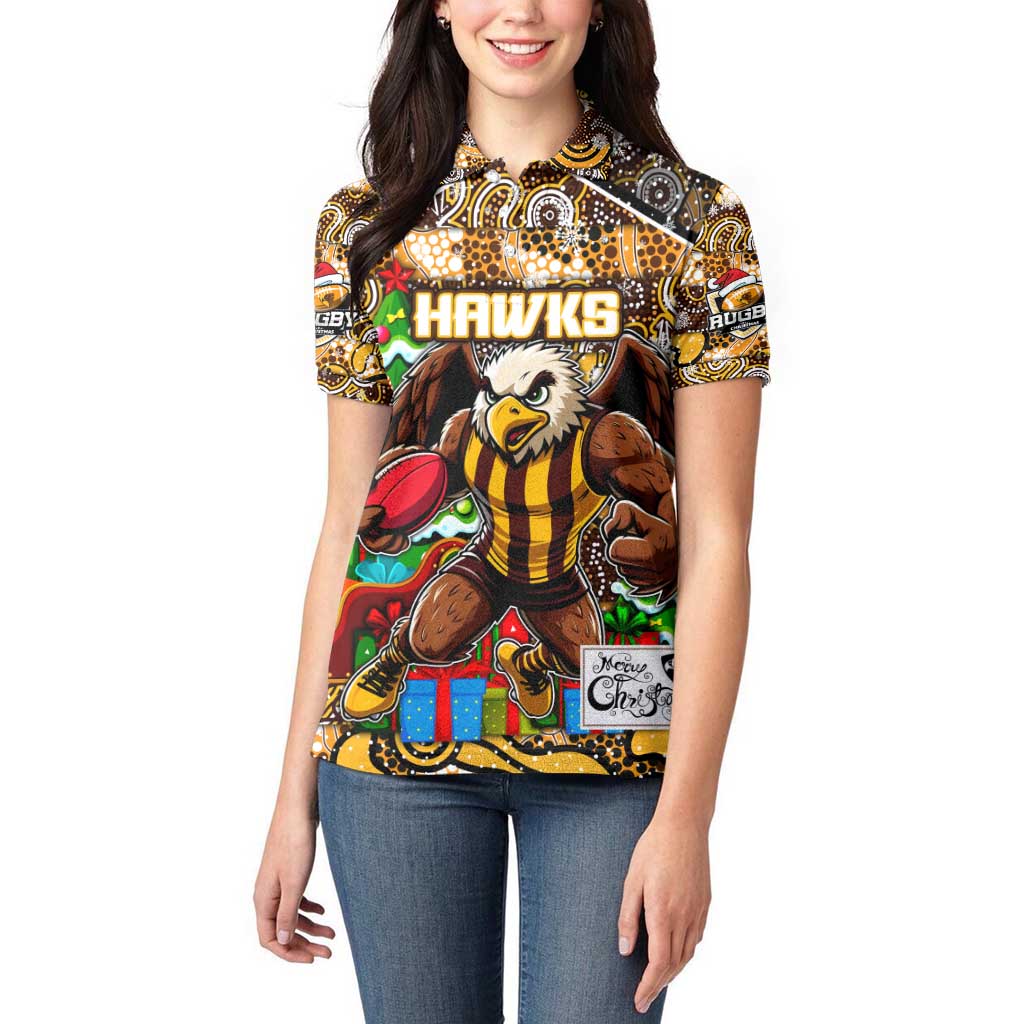 Custom Hawks Rugby Merry Christmas Women Polo Shirt Indigenous Australian Art