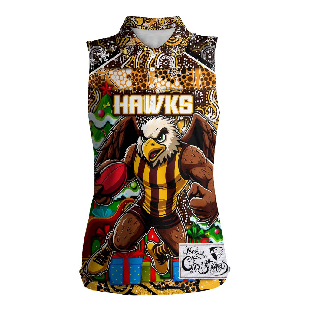 Custom Hawks Rugby Merry Christmas Women Sleeveless Polo Shirt Indigenous Australian Art