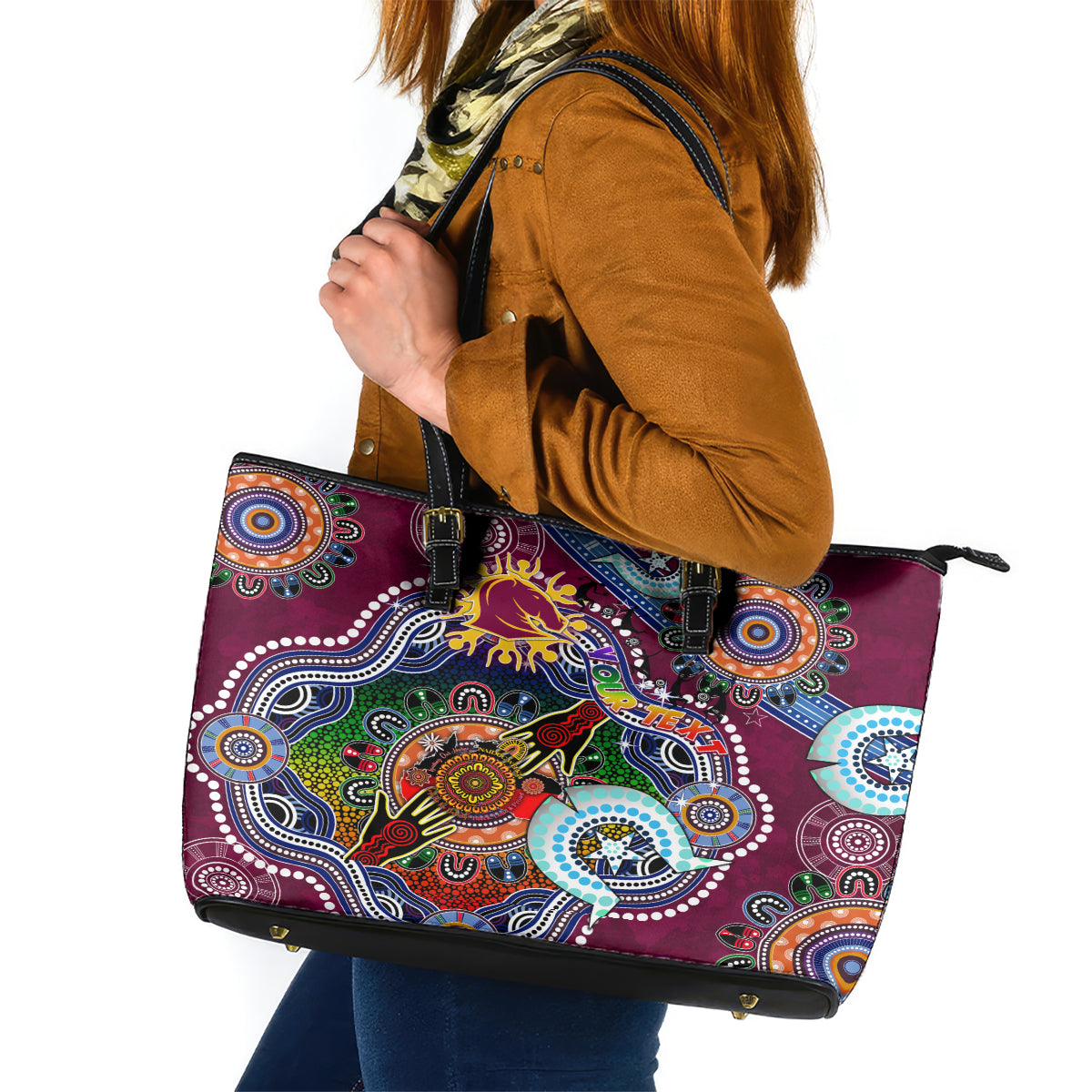 Personalised Broncos NAIDOC Week 2024 Leather Tote Bag Australia Aboriginal Dot Painting