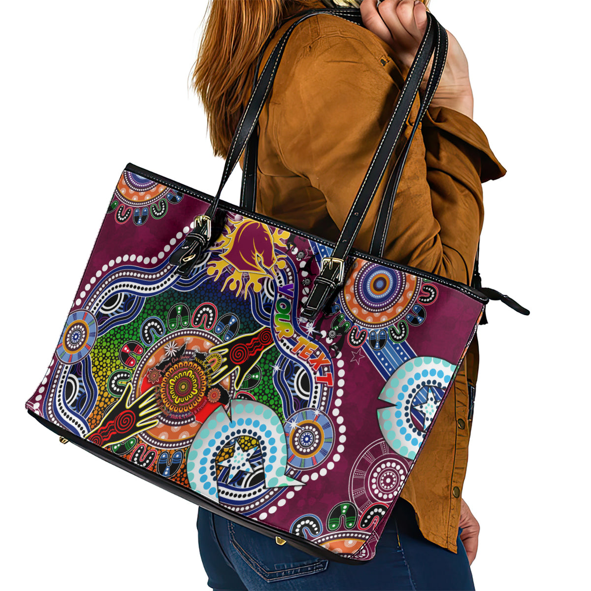 Personalised Broncos NAIDOC Week 2024 Leather Tote Bag Australia Aboriginal Dot Painting