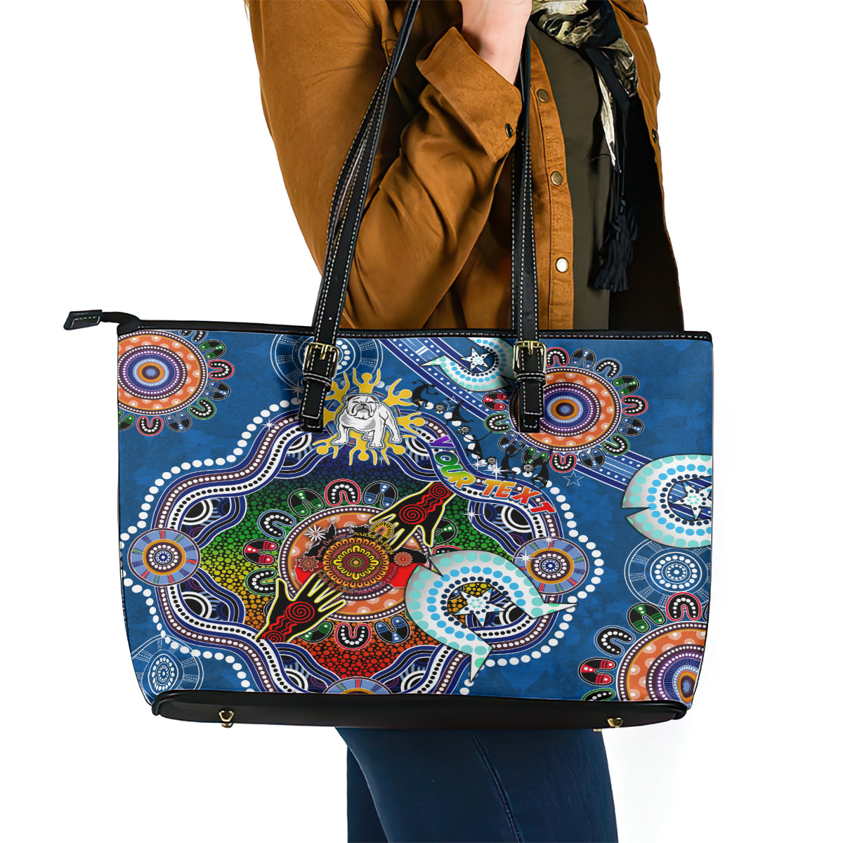 Personalised Bulldogs NAIDOC Week 2024 Leather Tote Bag Australia Aboriginal Dot Painting