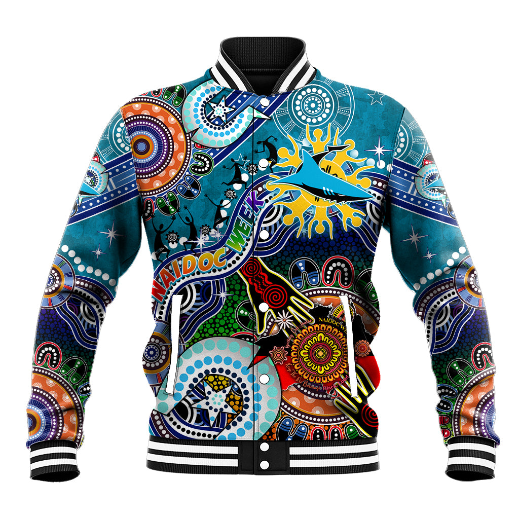 Personalised Sharks NAIDOC Week 2024 Baseball Jacket Australia Aboriginal Dot Painting