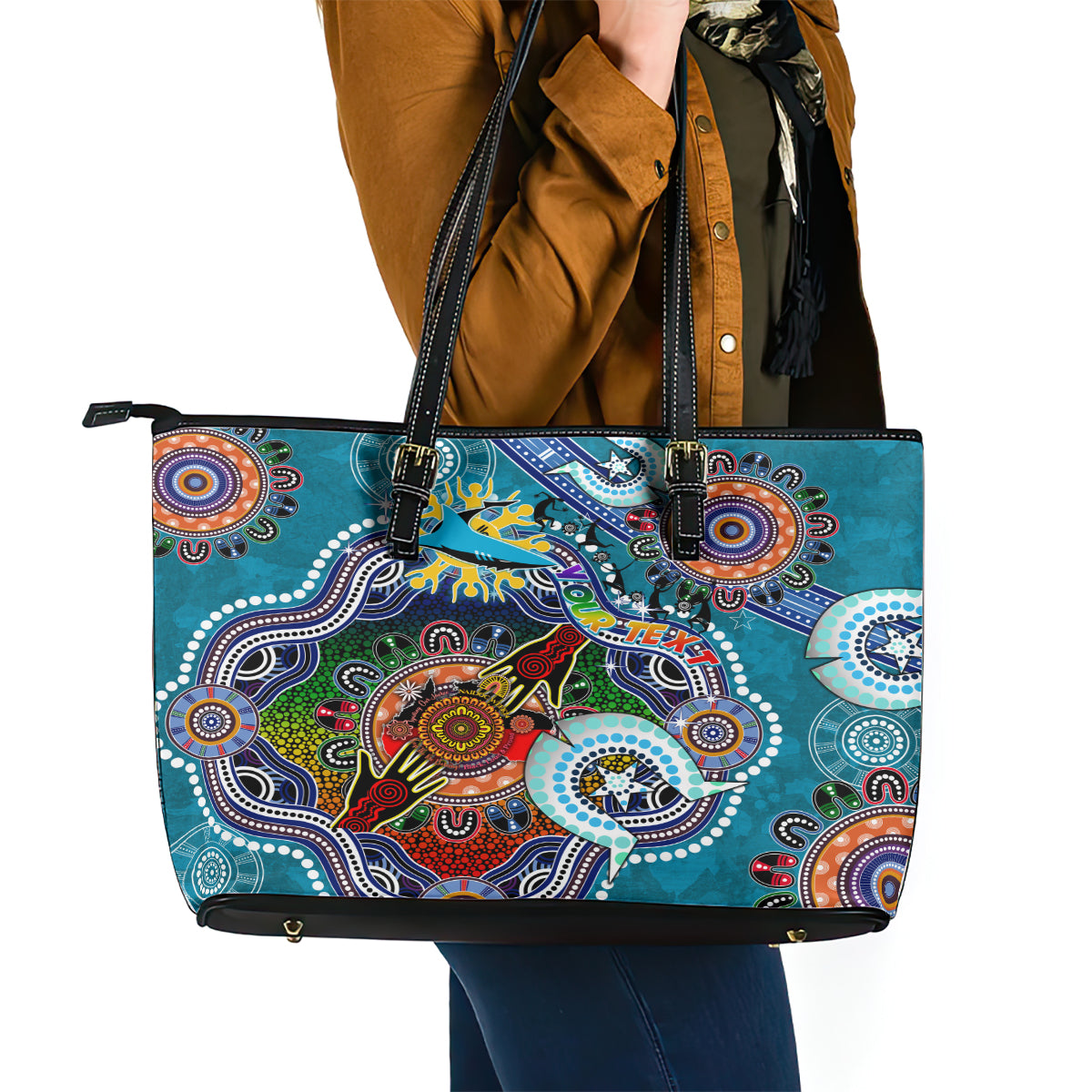 Personalised Sharks NAIDOC Week 2024 Leather Tote Bag Australia Aboriginal Dot Painting