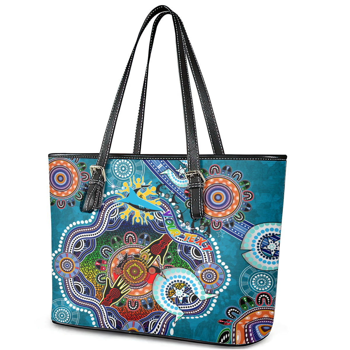 Personalised Sharks NAIDOC Week 2024 Leather Tote Bag Australia Aboriginal Dot Painting