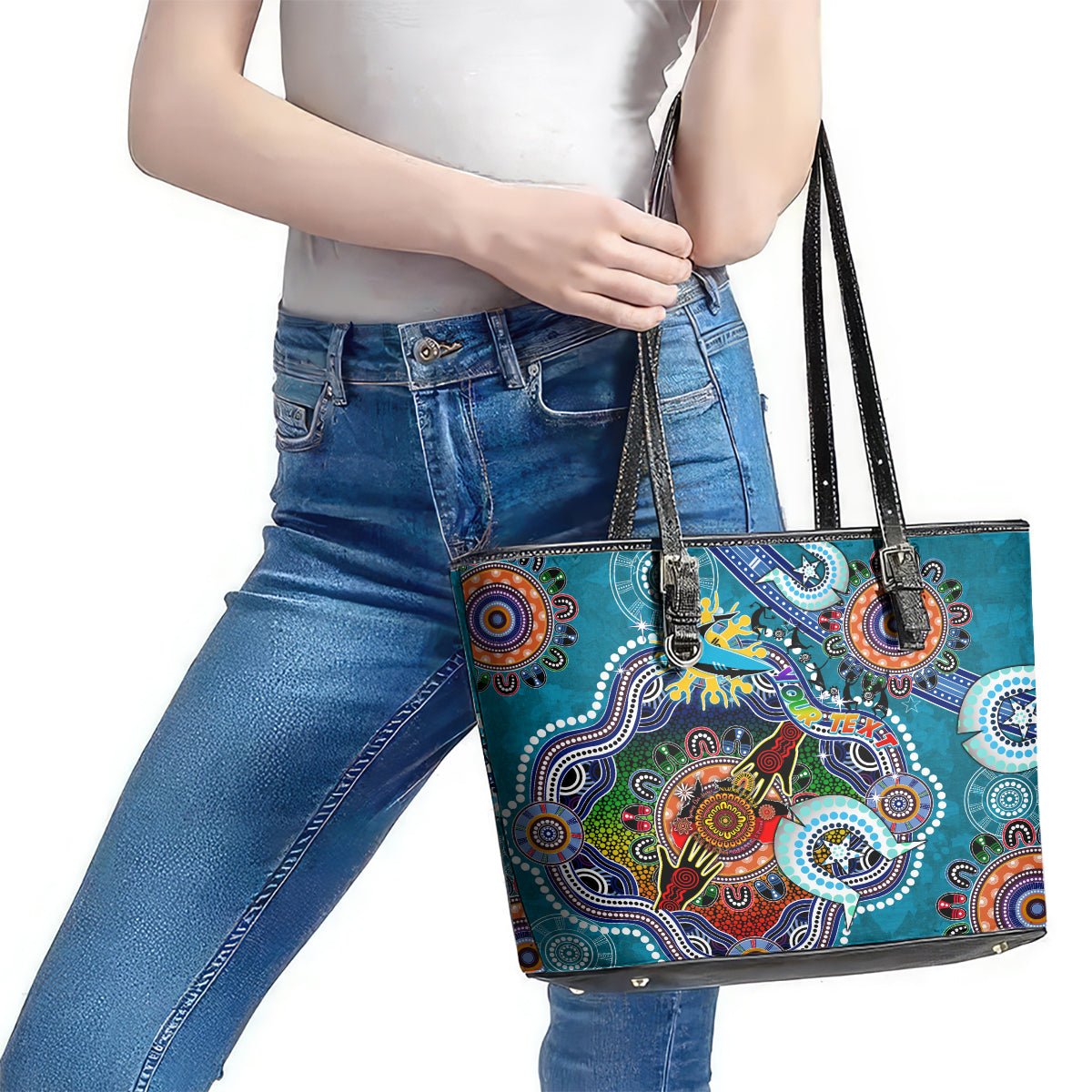 Personalised Sharks NAIDOC Week 2024 Leather Tote Bag Australia Aboriginal Dot Painting