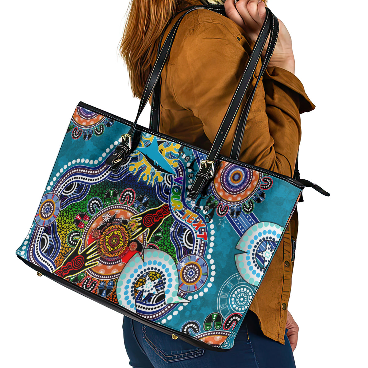 Personalised Sharks NAIDOC Week 2024 Leather Tote Bag Australia Aboriginal Dot Painting