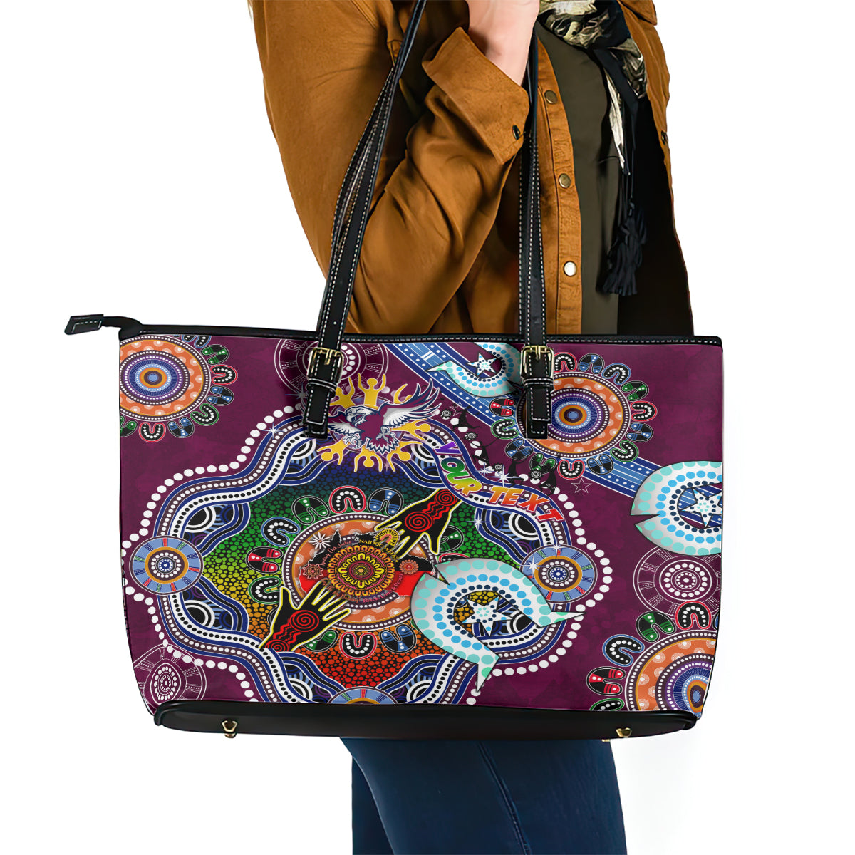 Personalised Eagles NAIDOC Week 2024 Leather Tote Bag Australia Aboriginal Dot Painting