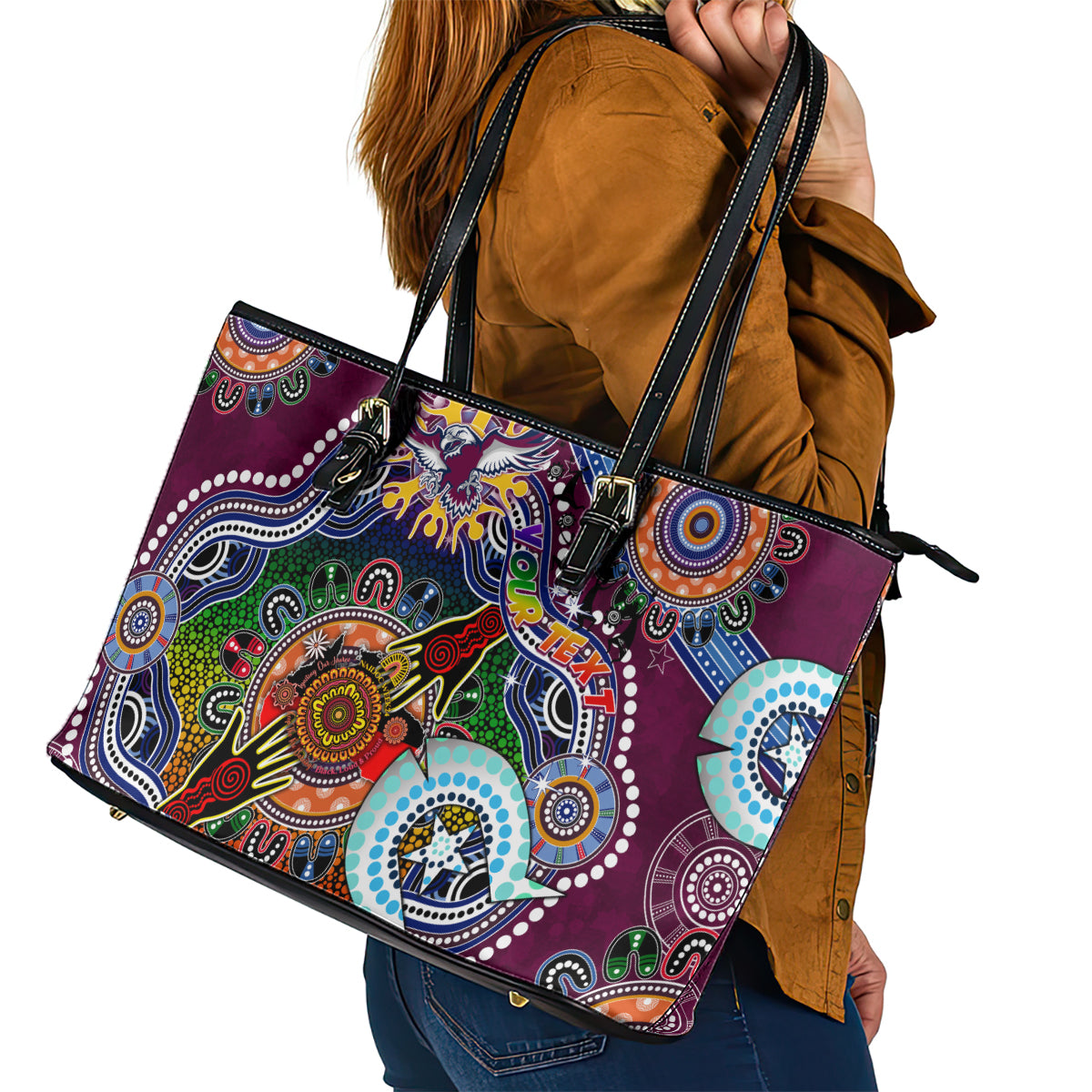 Personalised Eagles NAIDOC Week 2024 Leather Tote Bag Australia Aboriginal Dot Painting