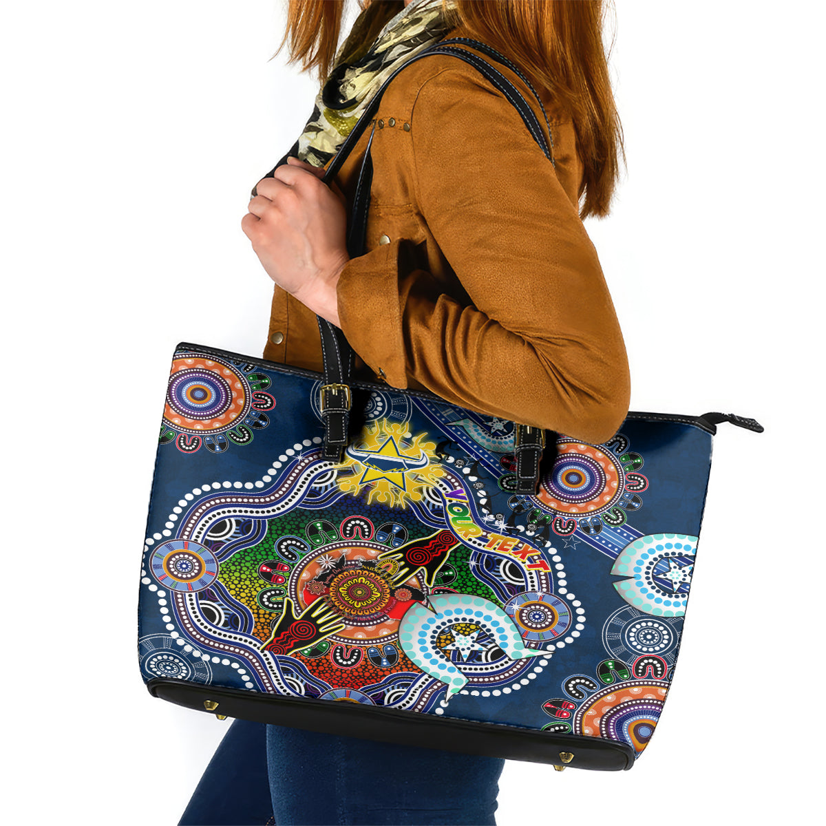 Personalised Cowboys NAIDOC Week 2024 Leather Tote Bag Australia Aboriginal Dot Painting