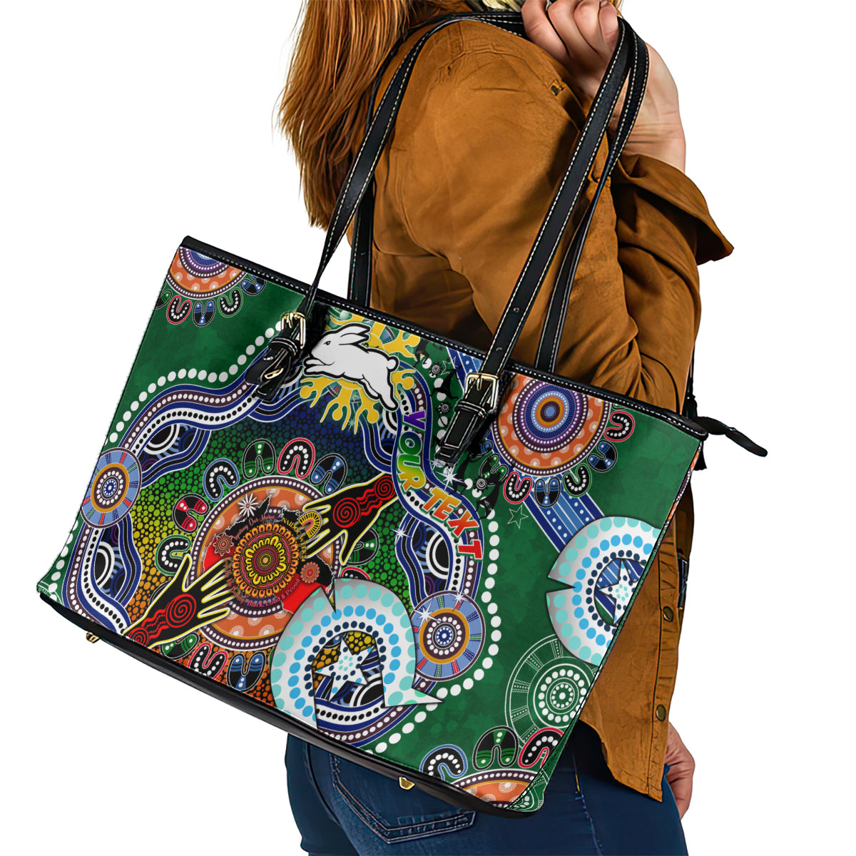 Personalised Rabbitohs NAIDOC Week 2024 Leather Tote Bag Australia Aboriginal Dot Painting