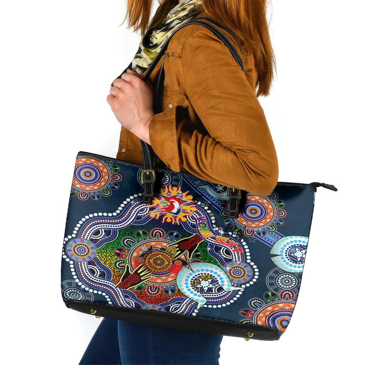 Personalised Roosters NAIDOC Week 2024 Leather Tote Bag Australia Aboriginal Dot Painting