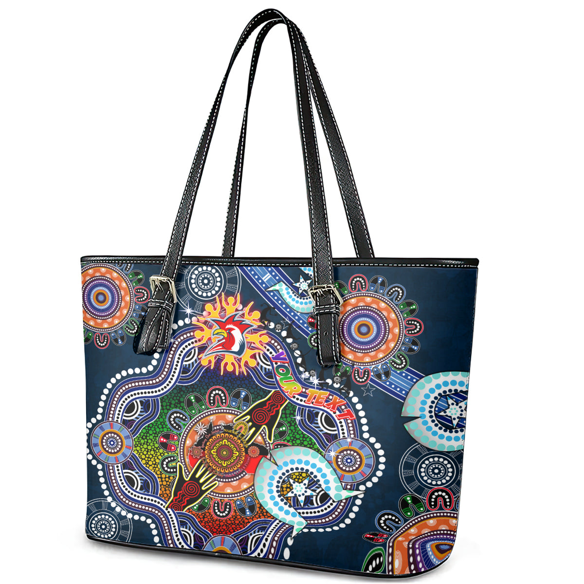 Personalised Roosters NAIDOC Week 2024 Leather Tote Bag Australia Aboriginal Dot Painting