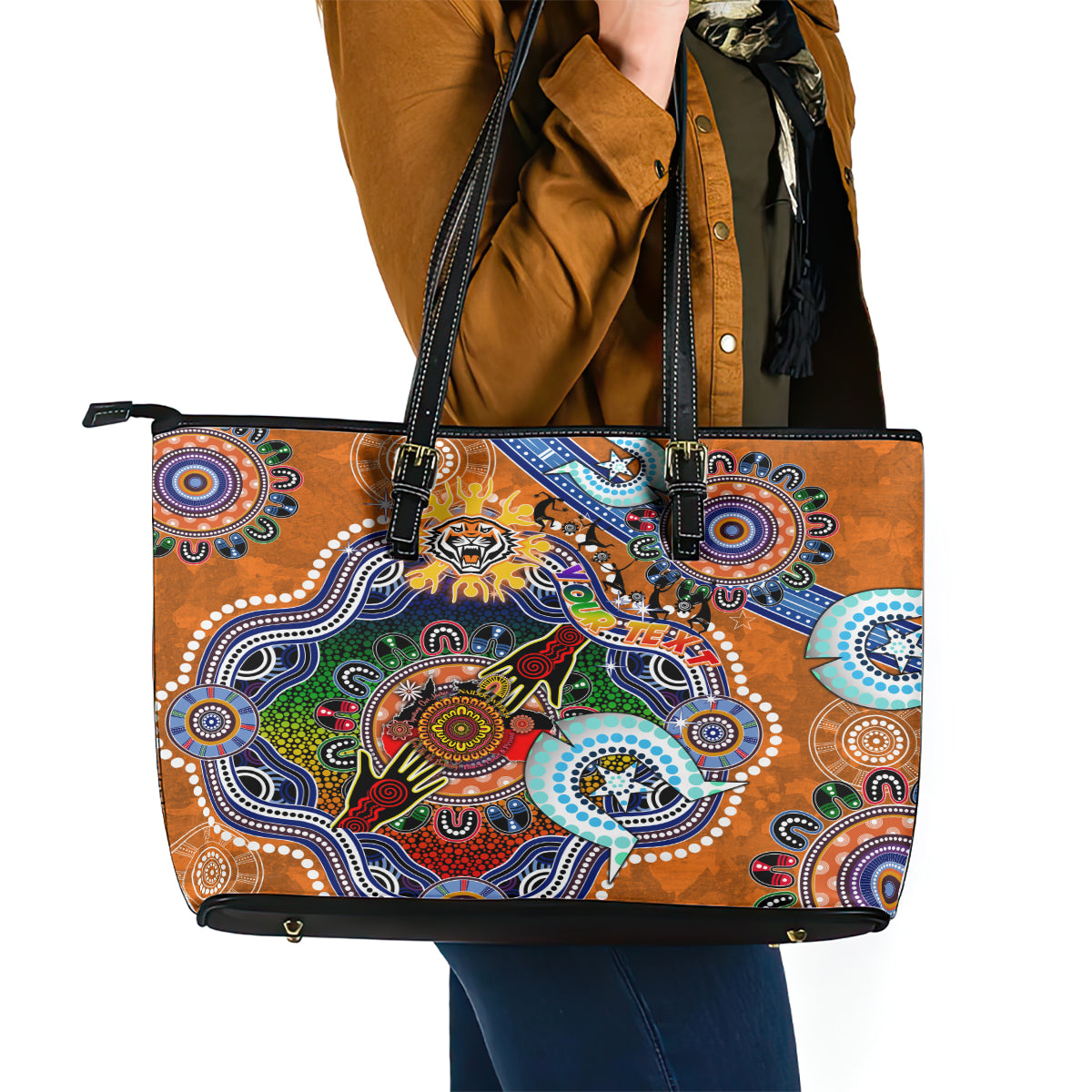 Personalised Tigers NAIDOC Week 2024 Leather Tote Bag Australia Aboriginal Dot Painting