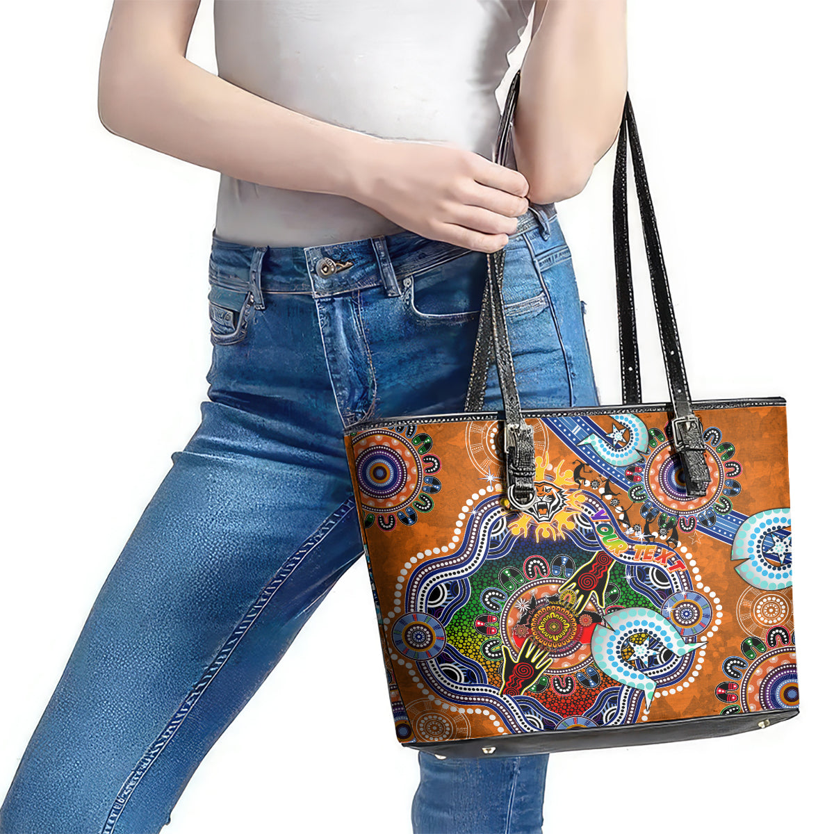 Personalised Tigers NAIDOC Week 2024 Leather Tote Bag Australia Aboriginal Dot Painting