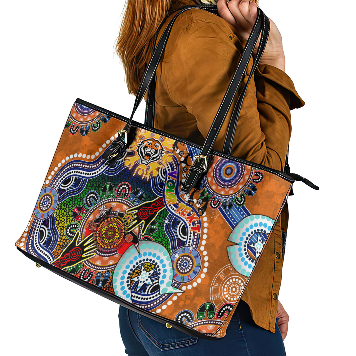 Personalised Tigers NAIDOC Week 2024 Leather Tote Bag Australia Aboriginal Dot Painting