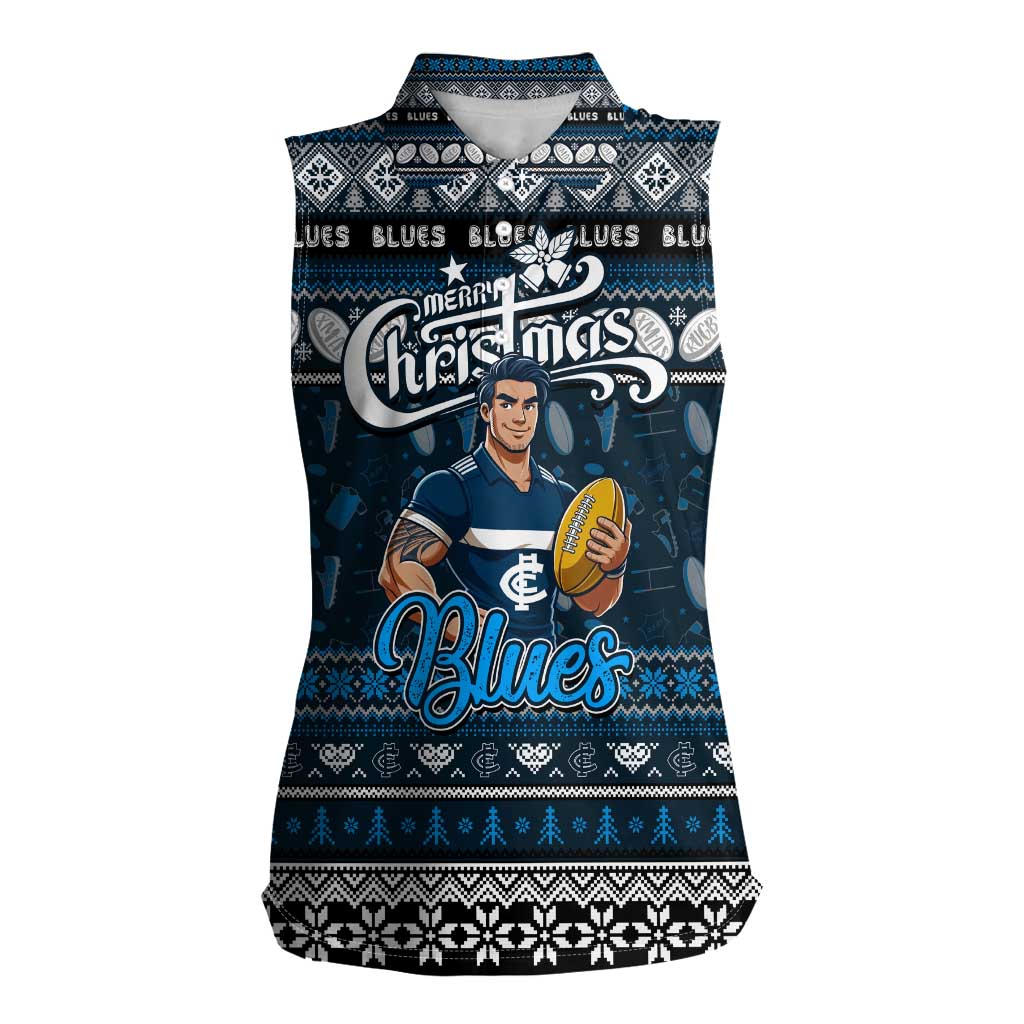 Personalized Blues Rugby Xmas Women Sleeveless Polo Shirt Australia AFL Mascot