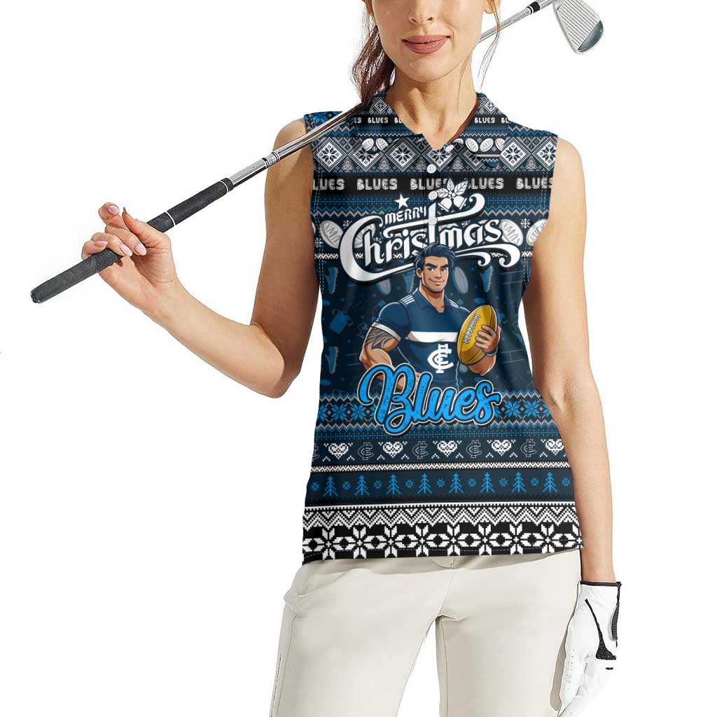 Personalized Blues Rugby Xmas Women Sleeveless Polo Shirt Australia AFL Mascot