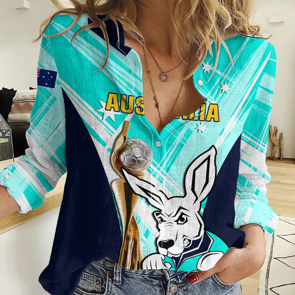 Custom Australia Soccer Women Casual Shirt Matildas Kangaroo With World Cup Trophy 2023 Turquoise Version LT01