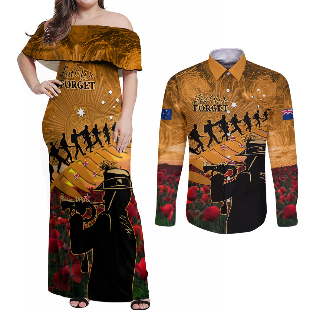 ANZAC Day 2024 Couples Matching Off Shoulder Maxi Dress and Long Sleeve Button Shirt Silver Fern With A Trumpet Soldier