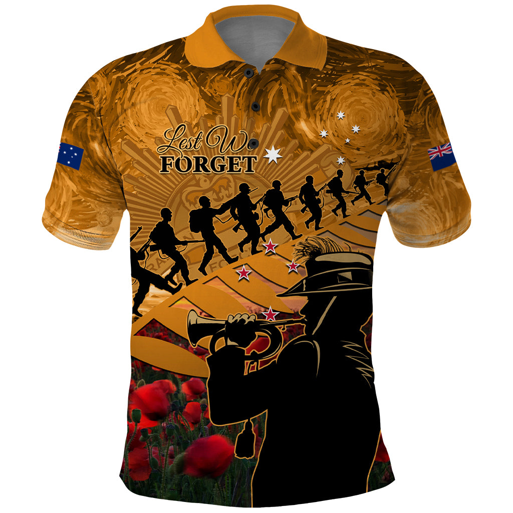 ANZAC Day 2024 Polo Shirt Silver Fern With A Trumpet Soldier