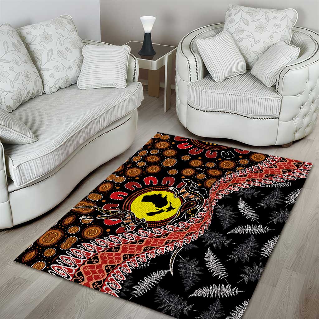 Aotearoa and Australia Area Rug Maori Koru Ferns With Aboriginal Kangaroo