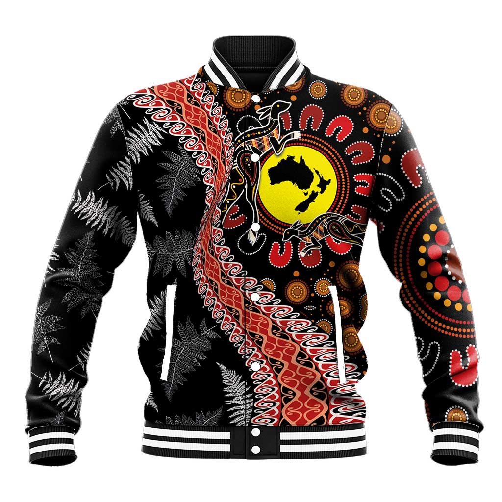 Aotearoa and Australia Baseball Jacket Maori Koru Ferns With Aboriginal Kangaroo