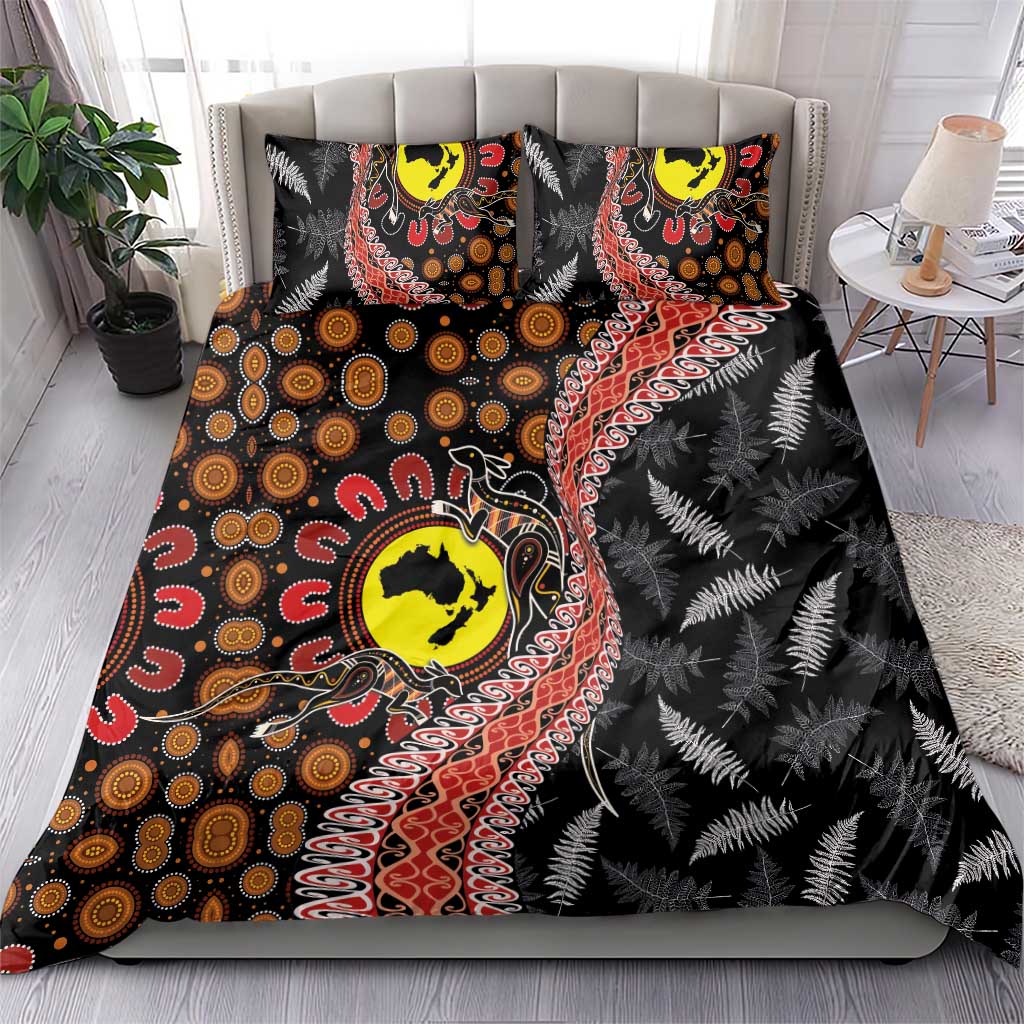 Aotearoa and Australia Bedding Set Maori Koru Ferns With Aboriginal Kangaroo