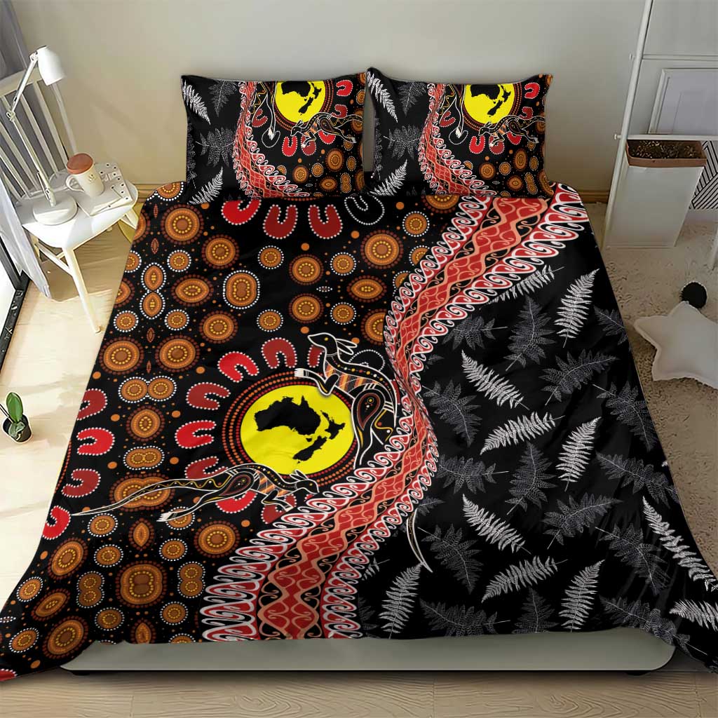 Aotearoa and Australia Bedding Set Maori Koru Ferns With Aboriginal Kangaroo