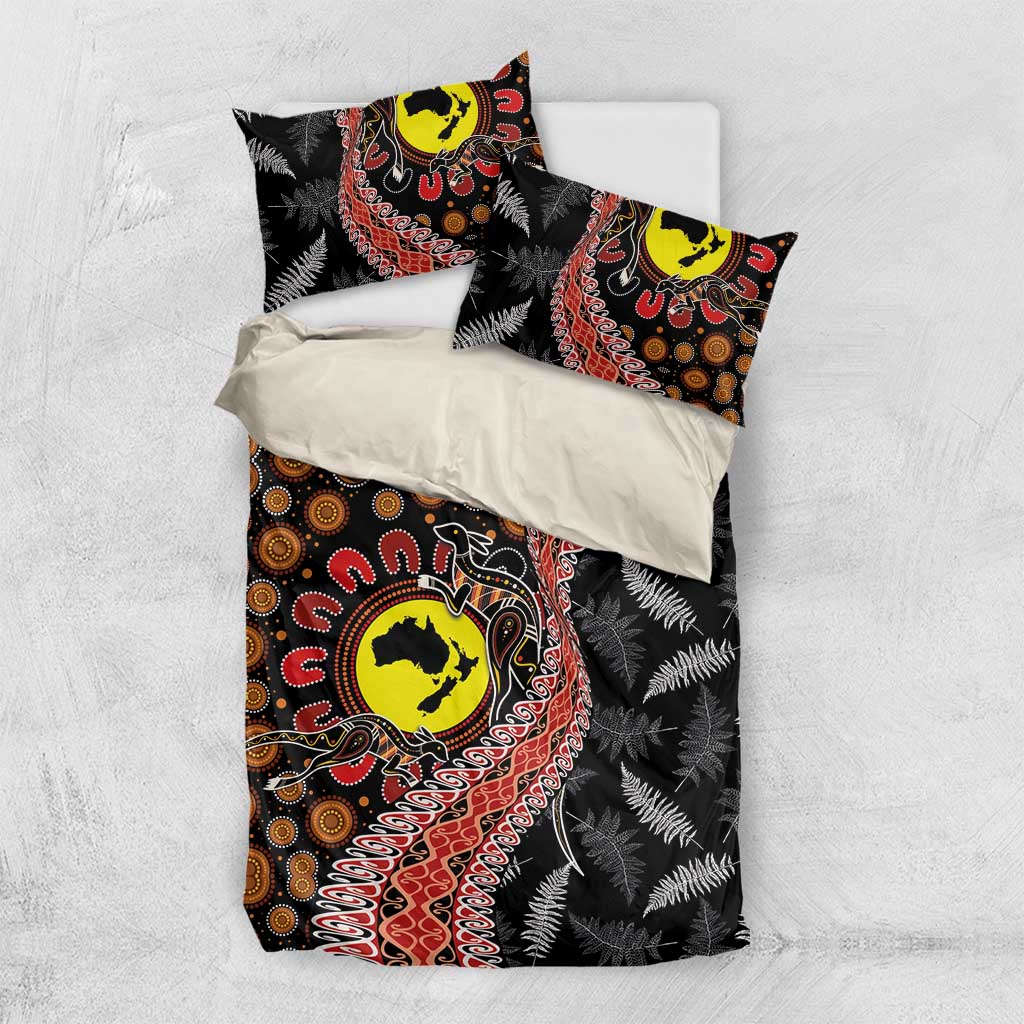 Aotearoa and Australia Bedding Set Maori Koru Ferns With Aboriginal Kangaroo